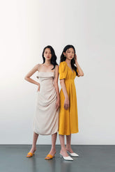 Silk Midi Dress with Draped Bodice and Adjustable Tie Shoulder Straps